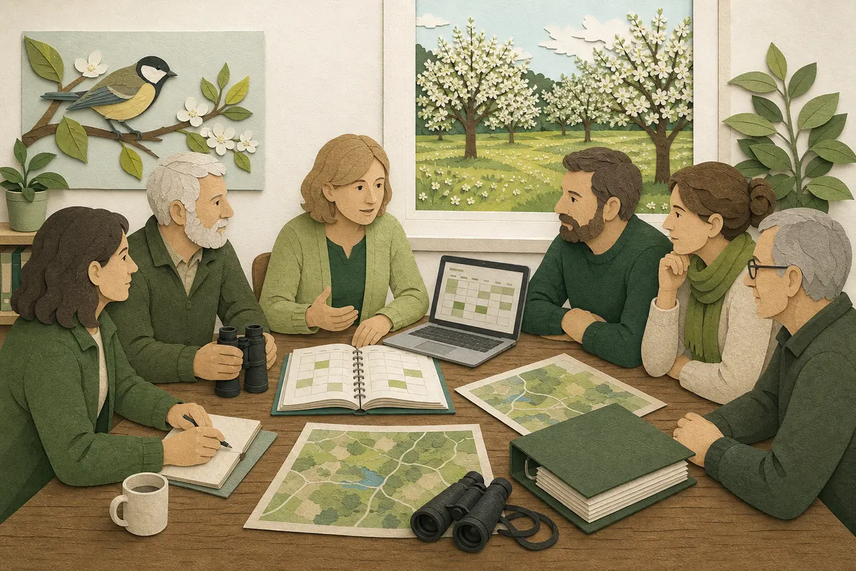 Vorstand eines Naturschutzvereins plant gemeinsam Aufgaben und Projekte an einem Tisch